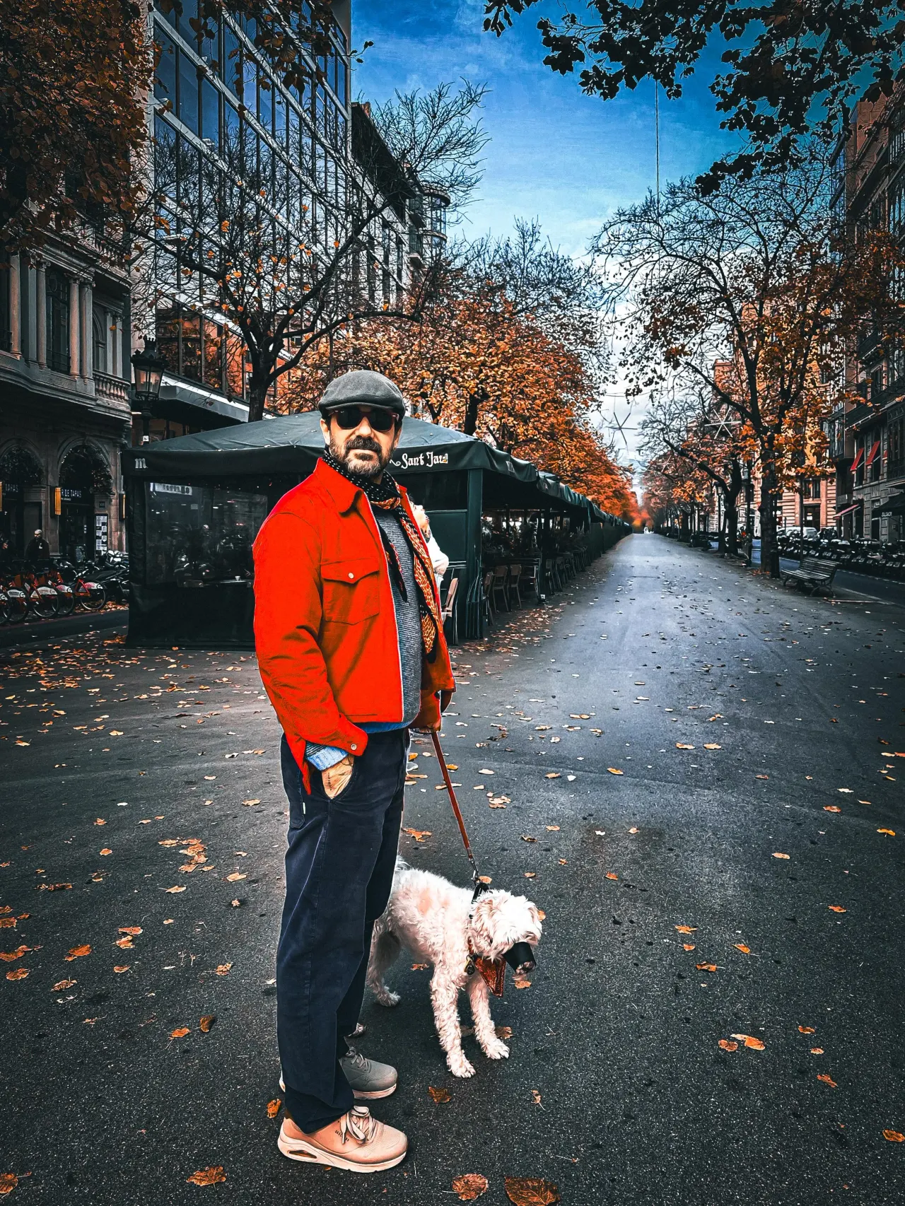 Man with his dog on a tree-lined Barcelona avenue in autumn